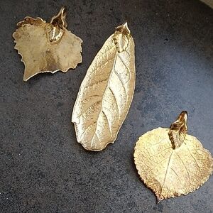 3 Vintage Gold Dipped Leaf Pendants